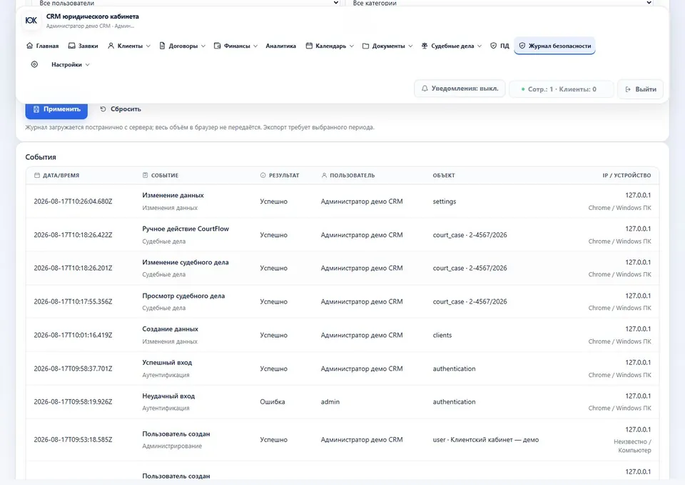 Журнал безопасности CRM